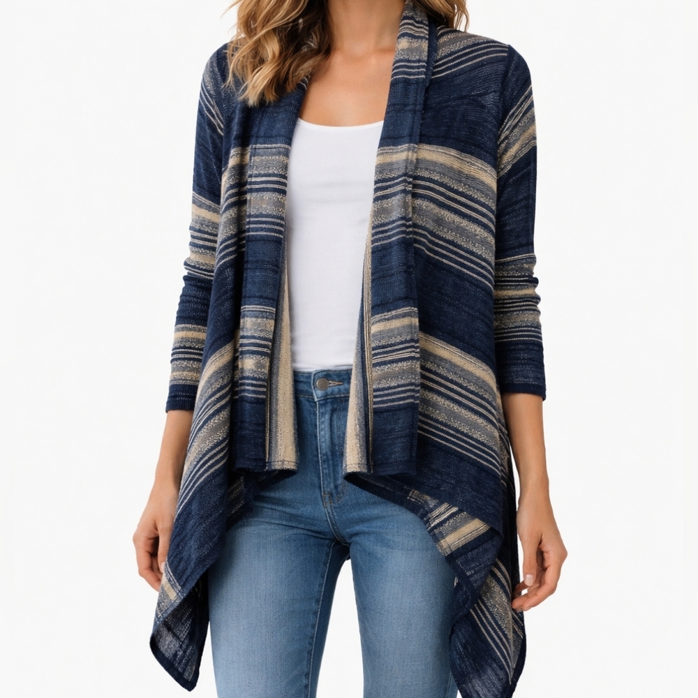 Lauren Ralph Lauren 100% Linen Blue Striped Open Front Cardigan S/M